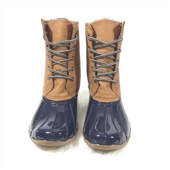 Navy Blue Tan Duck Boots Plaid Lining Size 9 - Picture 3 of 12